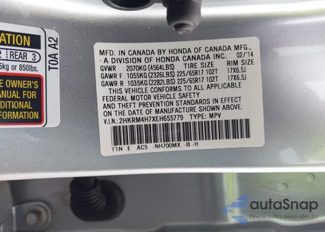 2014 Honda Cr-V Ex-L z USA, uszkodzony, nr VIN 2HKRM4H7XEH655779